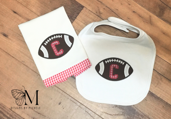 Personalized Football Alphabet Embroidered Baby Bib and Burp Cloth Set