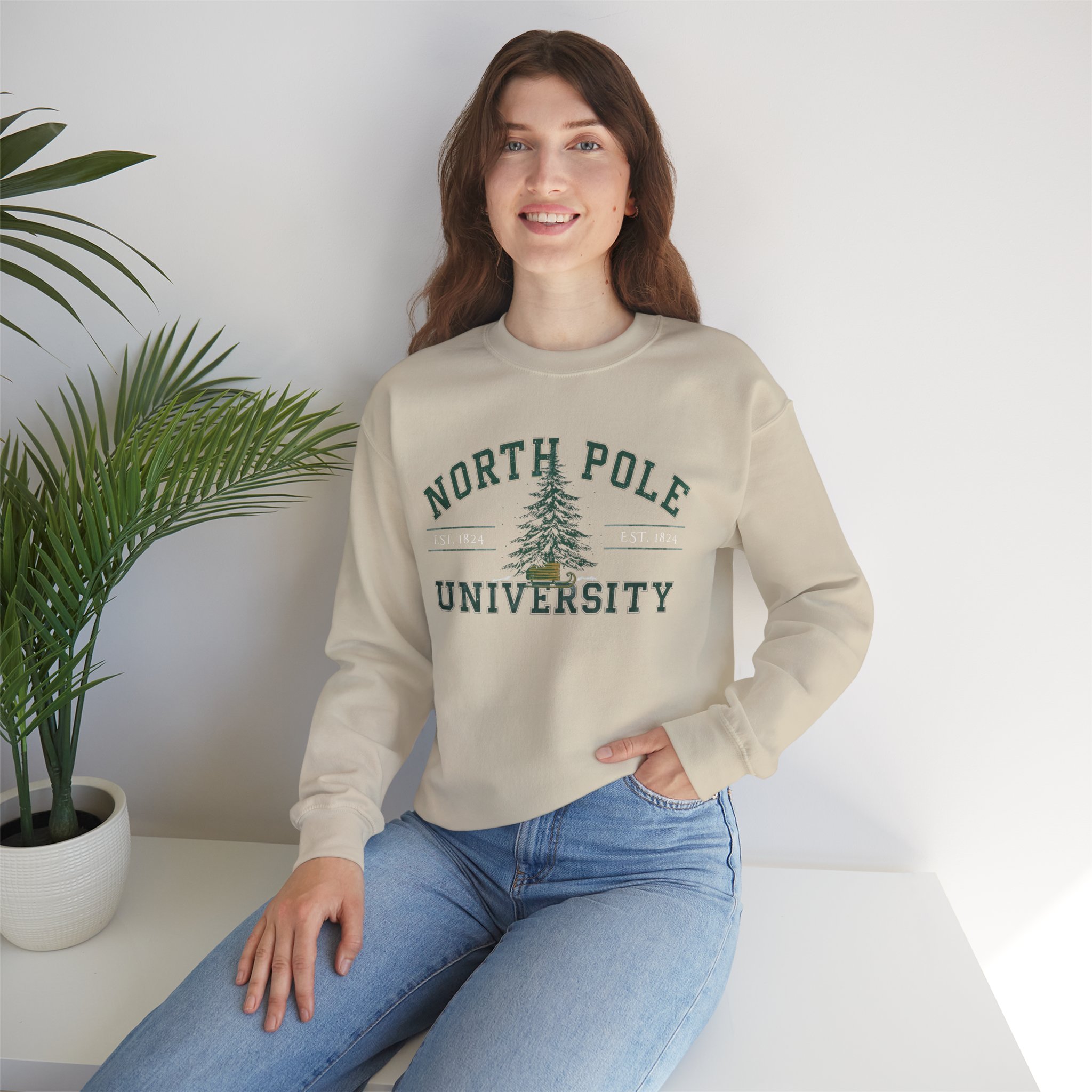 North Pole University Crewneck Sweatshirt — Vintage Holiday Tree Campus Pullover - Image 2