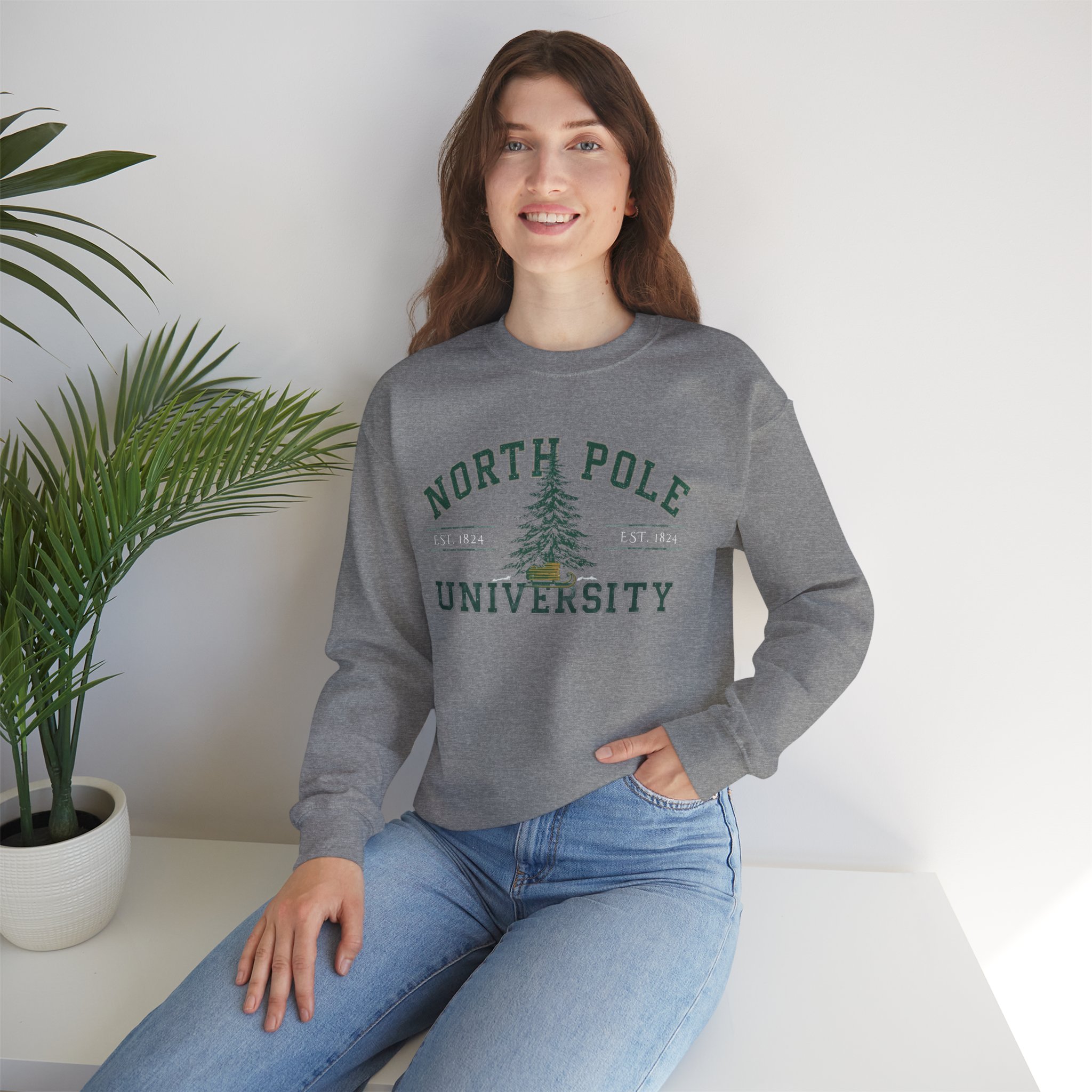 North Pole University Crewneck Sweatshirt — Vintage Holiday Tree Campus Pullover